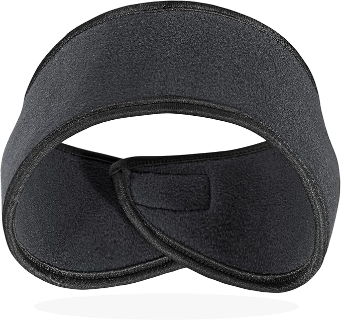 A black fleece headband with a wrap-around design, featuring overlapping ends in front and a Velcro closure section, is showcased against a plain white background. Don't miss out on this chic accessory during our exclusive Thursday Deals!.