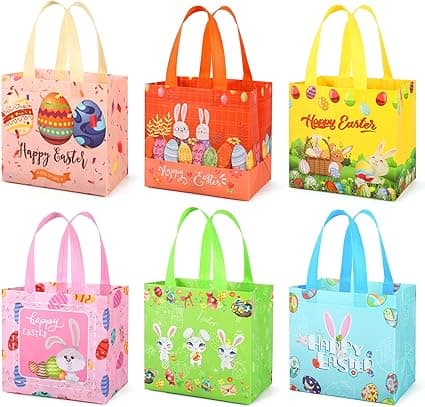 Six colorful Easter-themed gift bags with vibrant designs, including eggs, rabbits, and the text "Happy Easter." Each bag boasts a unique color scheme with matching handles. Don't miss out on these delightful Thursday Deals.