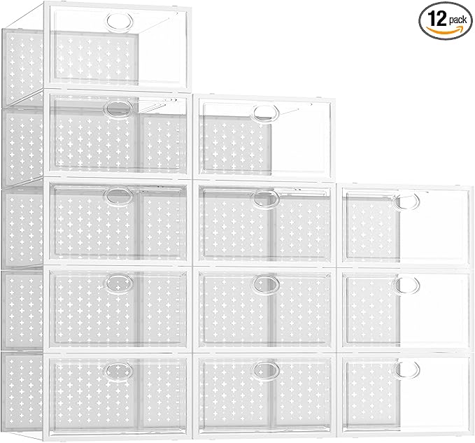 A set of twelve transparent storage boxes, perfect for organizing your space, arranged in a step-like pattern. Each box features a circular opening and a charming white star design on the sides. Look out for this "12 pack" under Monday Deals labels in the top right corner.