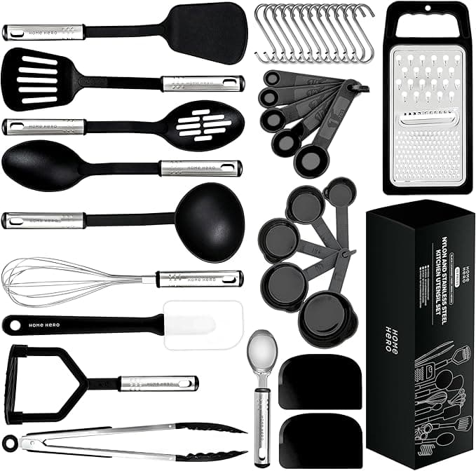 Discover Tuesday Deals with our kitchen utensil set, featuring spatulas, ladles, a whisk, tongs, measuring spoons, and cups. Complete with a grater, peeler, and sleek black storage box. These essentials boast black handles and metal accents for a modern touch.