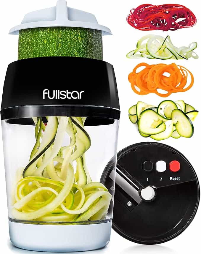 A vegetable spiralizer with "fullstar" branding showcases spiralized zucchini. Above, vibrant images of red, white, and orange spiralized veggies captivate the eye. To the right, a detachable lid with control buttons stands ready for Thursday Deals enthusiasts seeking culinary creativity.