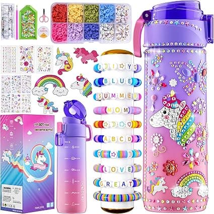 Discover our colorful DIY set featuring a large water bottle adorned with multicolored beads, unicorns, and rainbows. Perfect for customization with alphabet beads, stickers, scissors, and more. Don't miss out on this vibrant kit in our exclusive Friday Deals!.