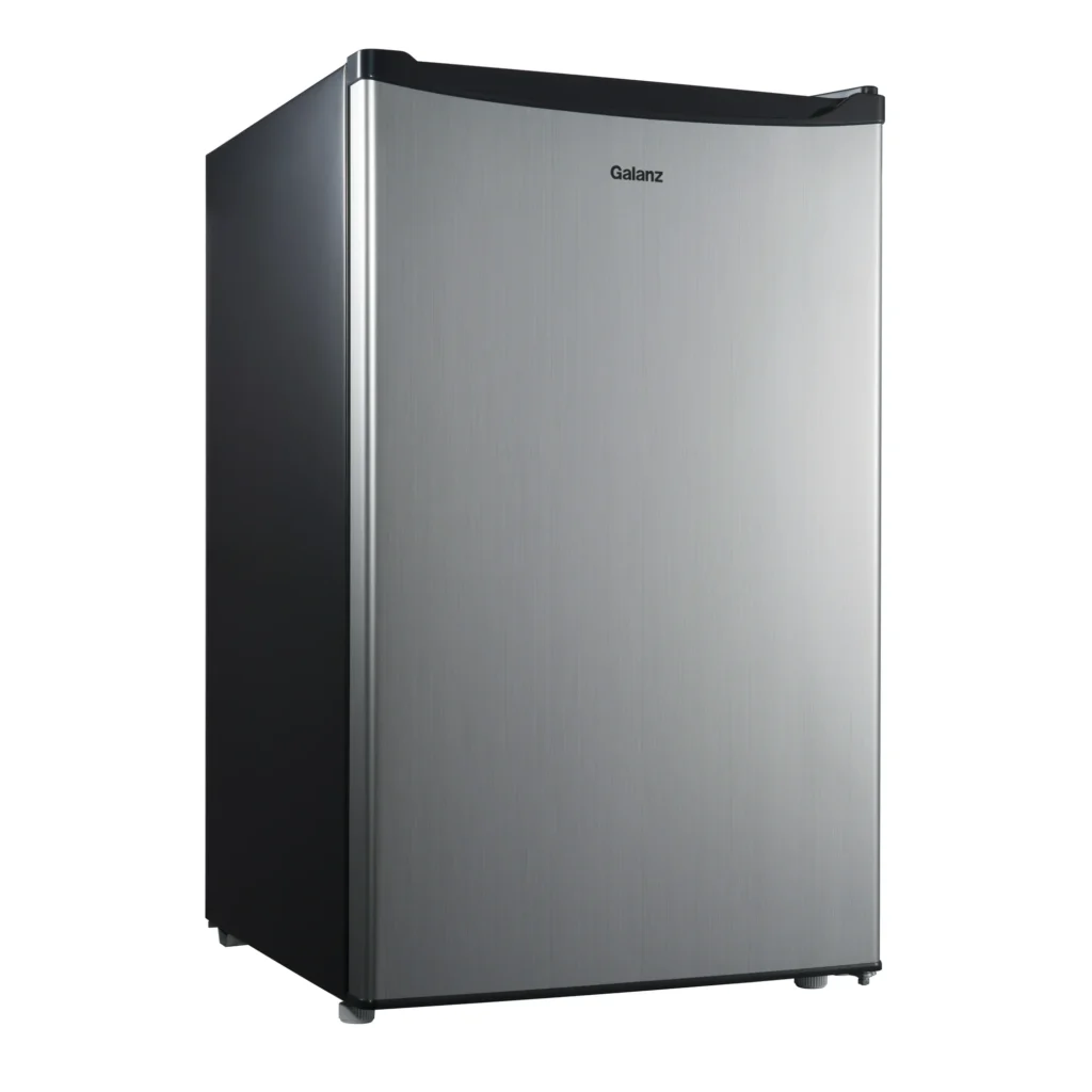 Discover the Galanz stainless steel mini-fridge, a perfect blend of modern design with its sleek black top and sides. The fridge, ideal for Monday Deals, stands elegantly against a plain white background.