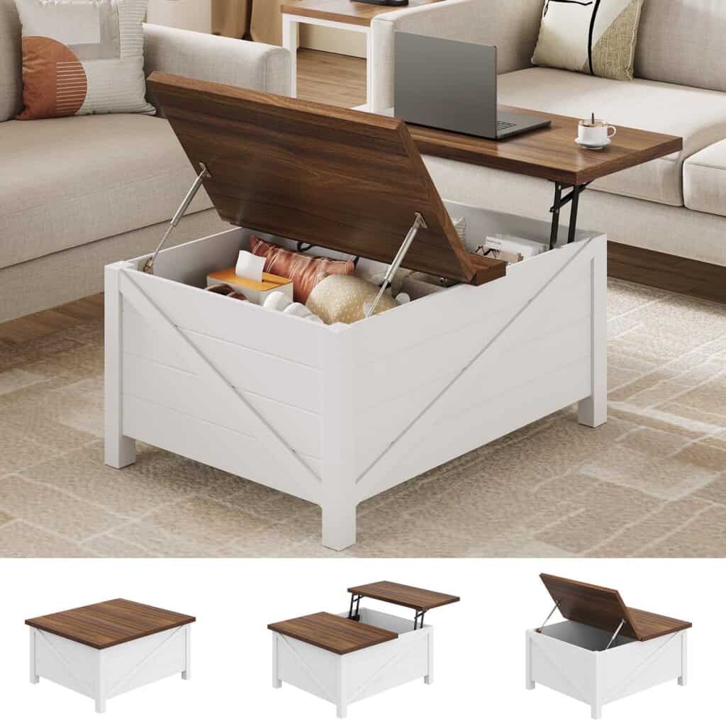 Discover our versatile white lift-top coffee table, perfect for your living room sanctuary. Featuring a wooden surface and four unique configurations, it conceals ample storage beneath. Enjoy this elegant piece today—and don't miss out on our exclusive Friday Deals!.