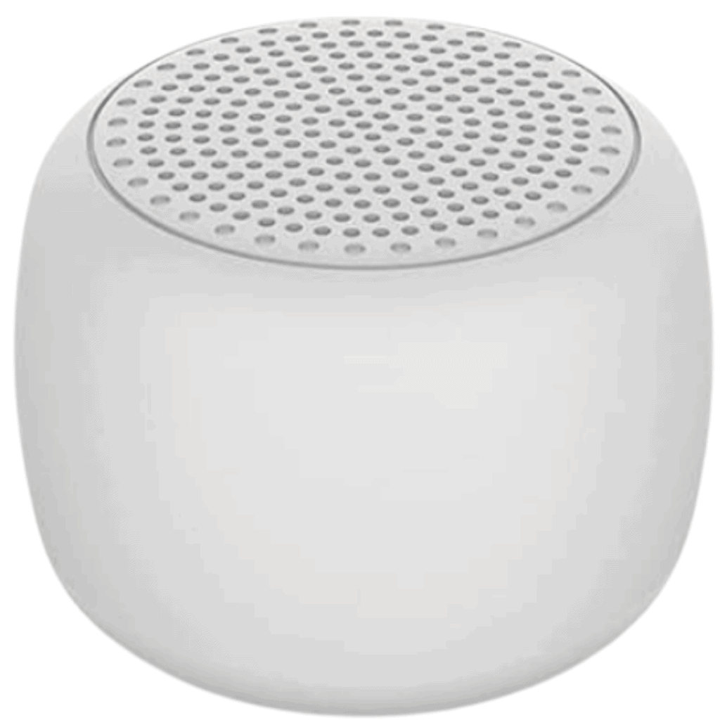 A small, round, white portable speaker with a perforated top. The surface is smooth, and the design is modern and minimalist—perfect for those seeking packing tips to travel light while enjoying quality sound on the go.