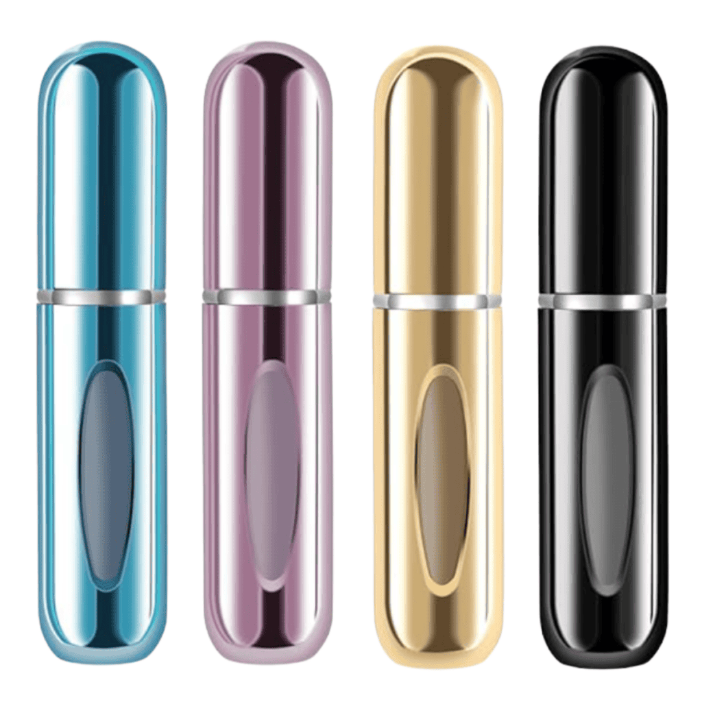 Displayed side by side, these four metallic, cylindrical perfume atomizers in blue, pink, gold, and black offer perfect packing tips with their smart design. Each features a small oval window to easily view the contents.