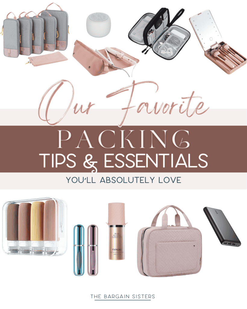 Image displaying a collection of travel essentials: pink packing cubes, toiletry bags, compact containers, makeup brushes, travel bottles, perfume atomizers, a cosmetic bag, a hair dryer, and a power bank. Text reads "Our Favorite Packing Tips for Stress-Free Travel.