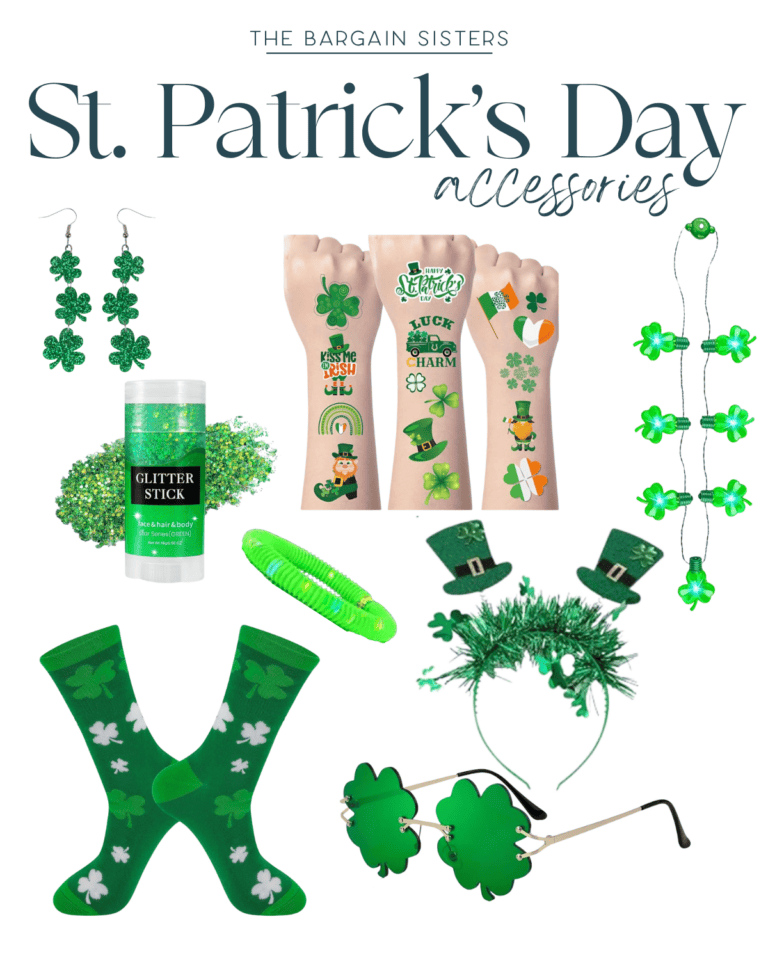 A vibrant collage of St. Patrick's Day accessories showcases shamrock earrings, temporary tattoos, and a green glitter stick alongside shamrock socks, green bead necklaces, light-up headbands, bracelets, and festive shamrock sunglasses.