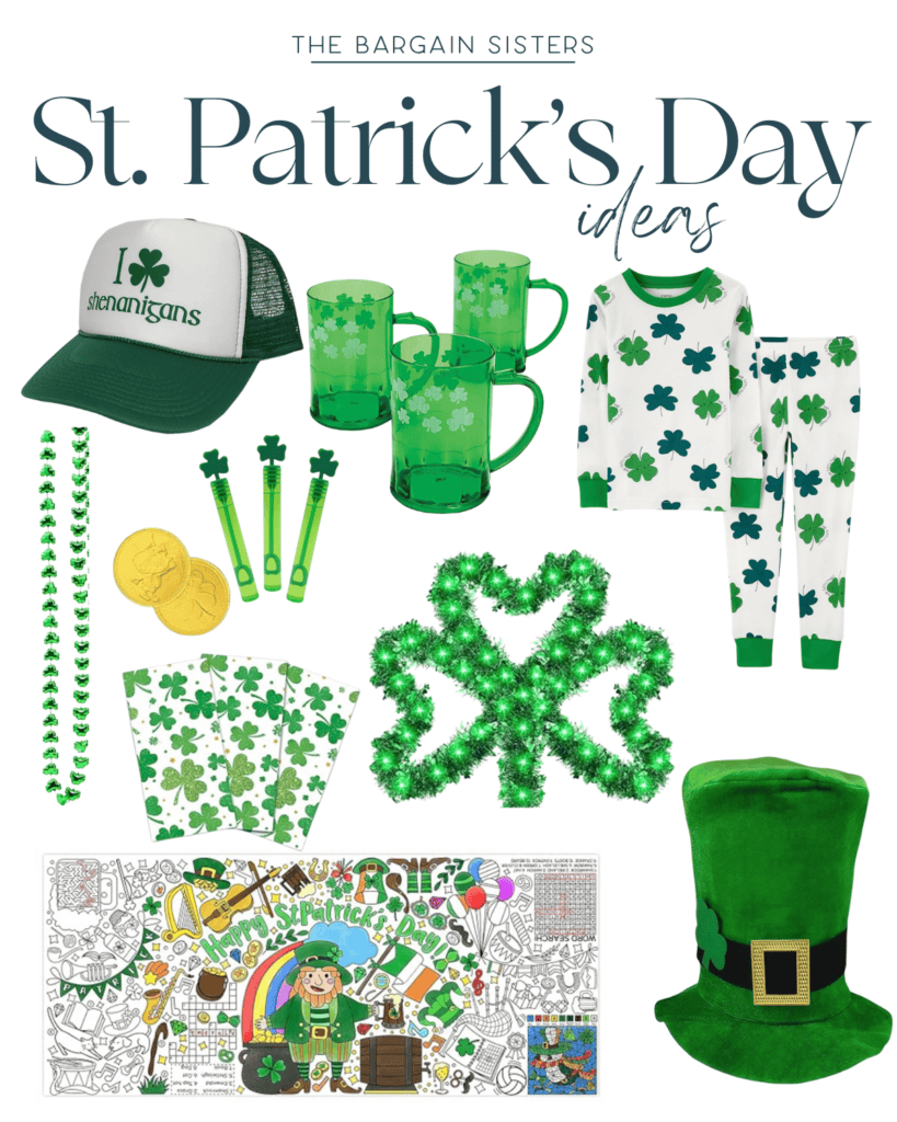 A festive St. Patrick's Day collage featuring a "shenanigans" cap, shamrock-patterned mug set, pajama set, necklaces, gold coins, themed coloring poster, shamrock napkins and wreath, and a green leprechaun hat—perfect for any celebration!.