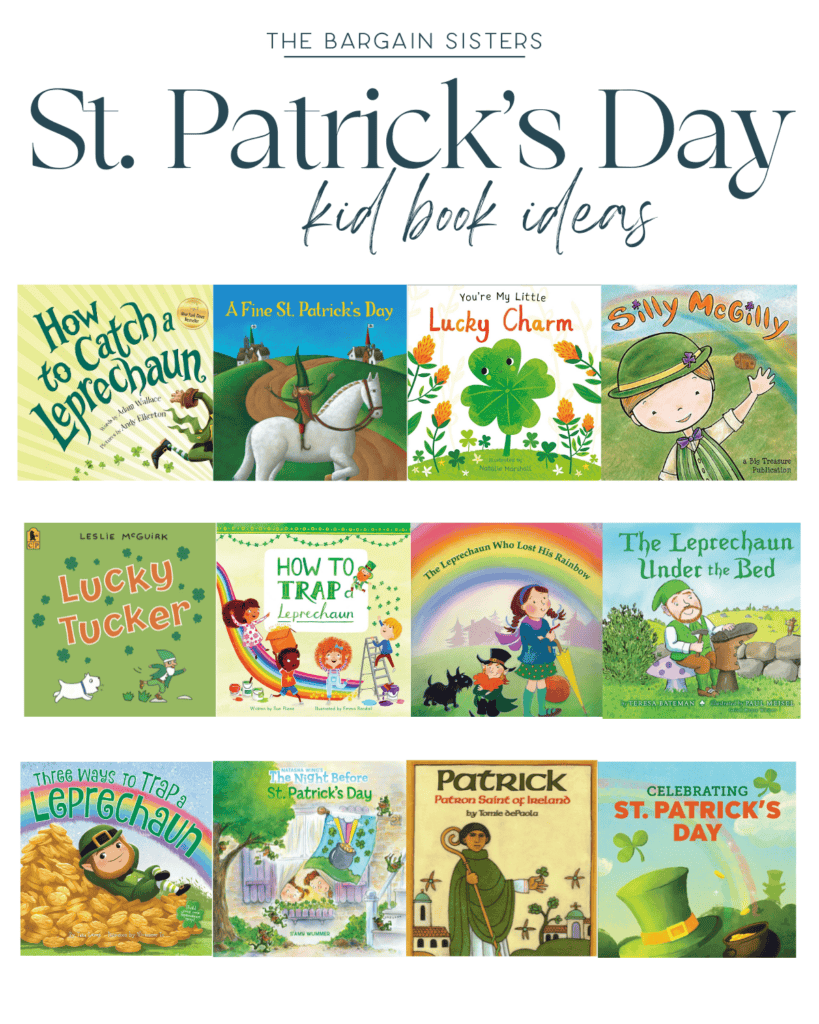 A collage titled "St. Patrick's Day Kid Book Ideas" showcases twelve vibrant book covers brimming with festive charm. Each cover captures the joyous celebration of St. Patrick's Day, featuring leprechauns, shamrocks, and children immersed in whimsical holiday themes.