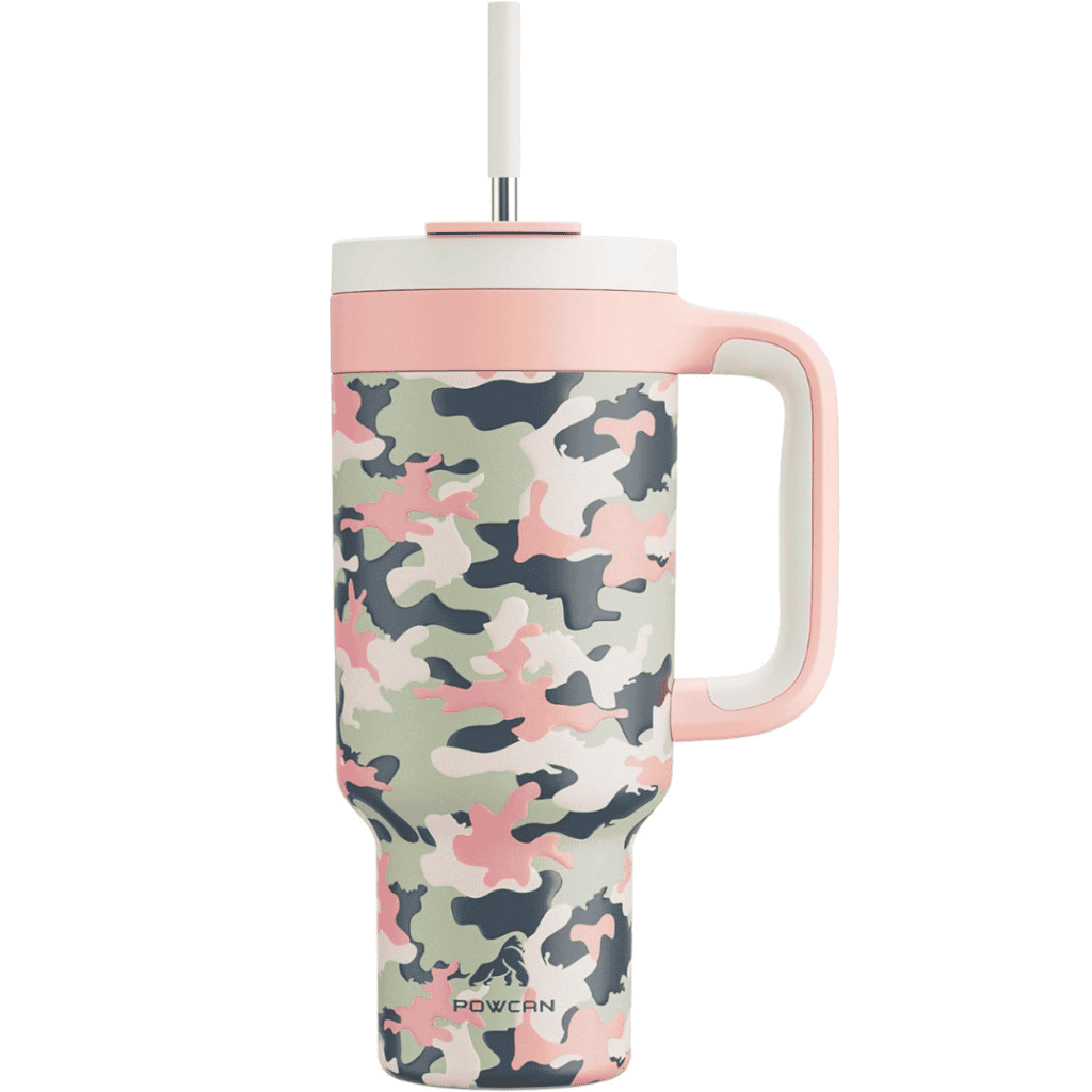 Camouflage-patterned insulated tumbler with a lid and straw, perfect for Thursday Deals. The design blends shades of green, pink, black, and white. It features a convenient side handle and proudly displays a logo at the bottom.