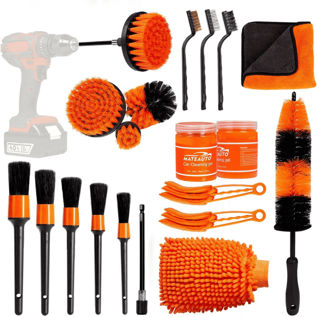 Discover our exclusive Friday Deals on a car detailing kit, complete with a cordless drill, orange and black brushes, microfiber towels, cleaning gels, and orange gloves. Perfectly designed for every car cleaning task you face.