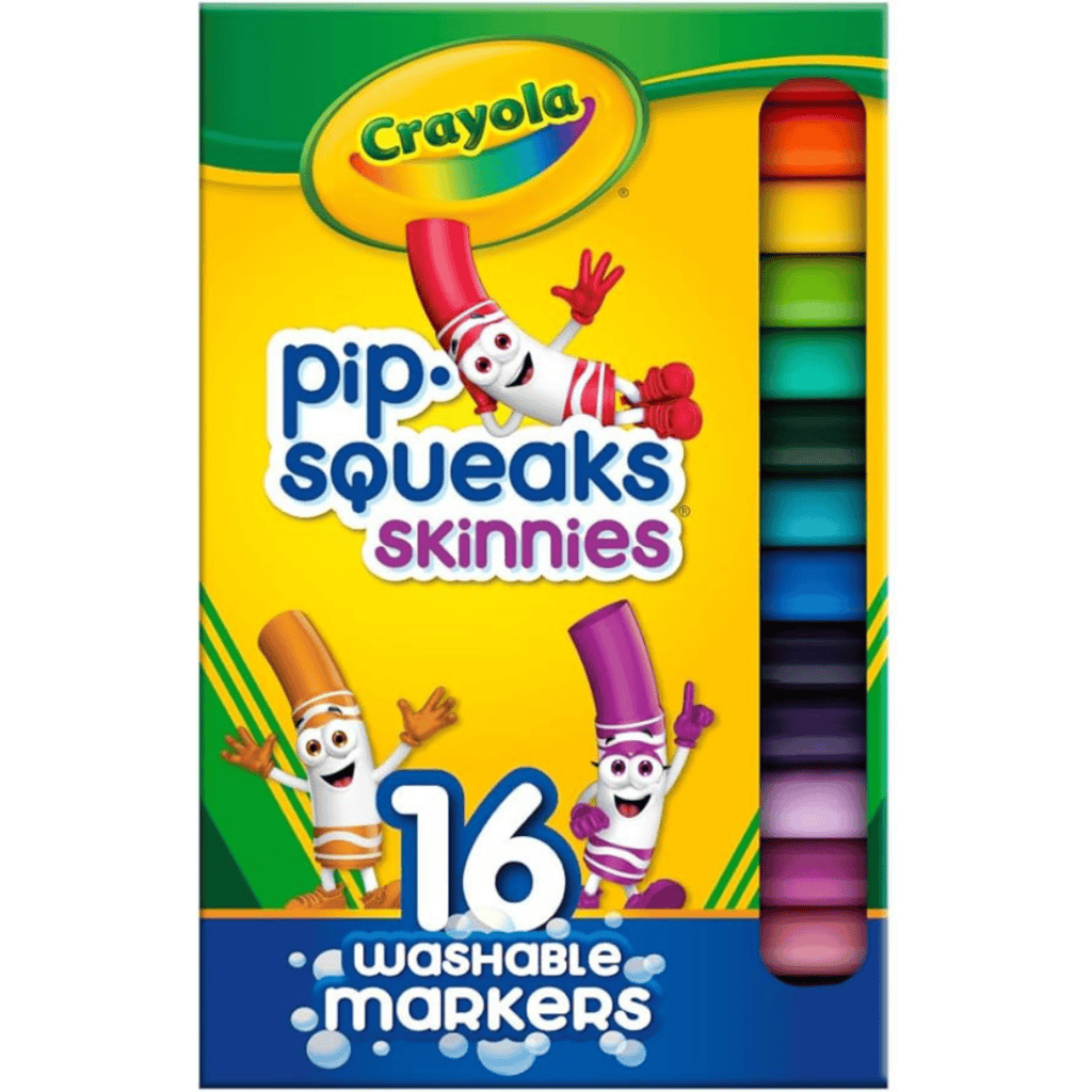 The image showcases a box of Crayola Pip-Squeaks Skinnies markers, featuring 16 washable markers in vibrant colors. The yellow and green packaging displays cartoon marker characters and the Crayola logo—perfect for anyone exploring Thursday Deals to spark creativity!.