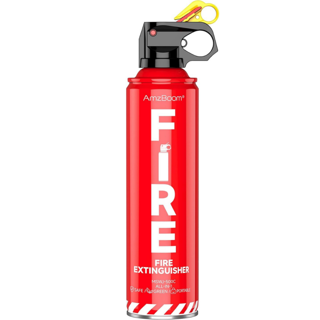 A red fire extinguisher with "FIRE" in bold white letters and a black nozzle with a yellow safety pin. The brand "AmzBoom" adorns the top, while "FIRE EXTINGUISHER" is inscribed below. Featuring a simple, portable design, it’s perfect for those Thursday Deals hunts.