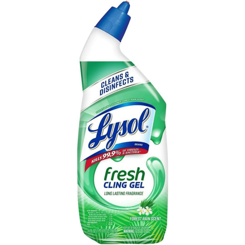 Image of a Lysol Fresh Cling Gel toilet bowl cleaner bottle. The label highlights its ability to clean and disinfect, claiming to kill 99.9% of viruses and bacteria. Ideal for Thursday Deals, it features a forest rain scent and is designed for long-lasting freshness.