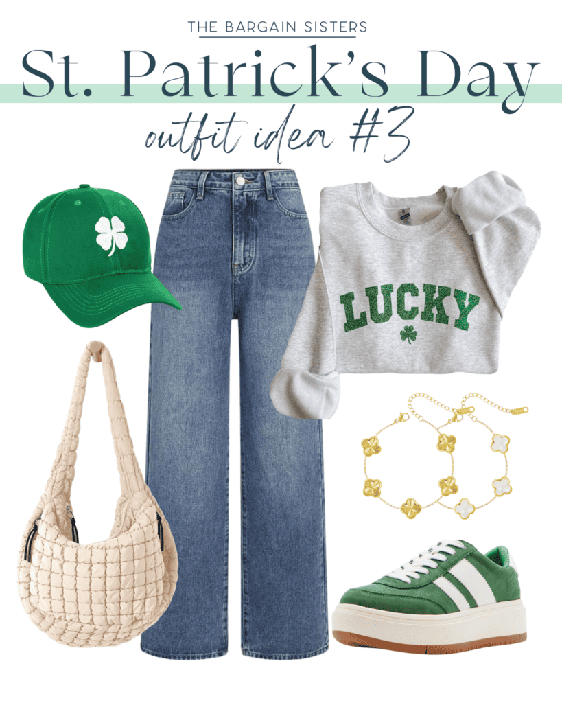 Looking for what to wear on St. Patrick's Day? Try a green shamrock cap, grey "LUCKY" sweatshirt, blue jeans, beige woven shoulder bag, green and white sneakers, and gold clover-shaped bracelets—perfectly festive without overdoing it!.