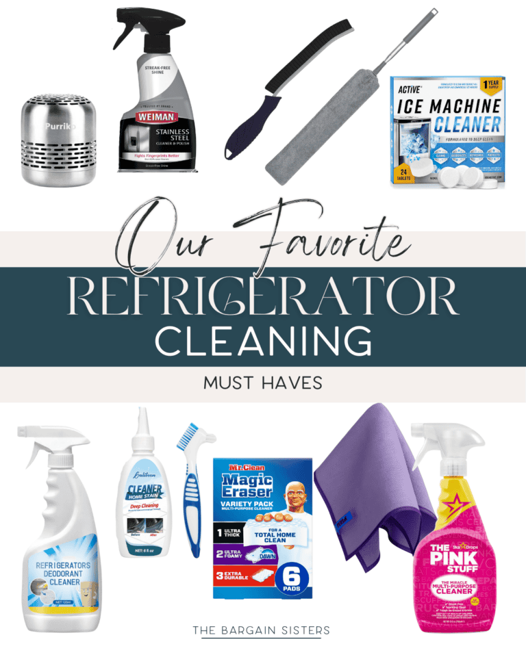 Collage of refrigerator cleaning products, including sprays, brushes, wipes, and cleaners. Text reads, "Our Favorite Refrigerator Cleaning Must Haves" by The Bargain Sisters.