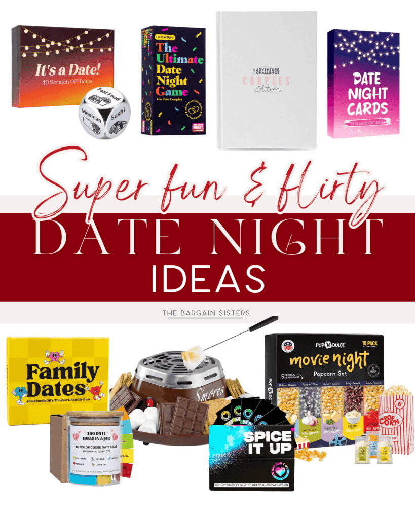 Collage of date night ideas featuring a dice game, ultimate date night game, date night cards, family dates game, a fondue set, popcorn seasoning, and a book with cookie recipes. The text reads: "Super Fun & Flirty Date Night Ideas." Perfect for those seeking creative date night ideas!.