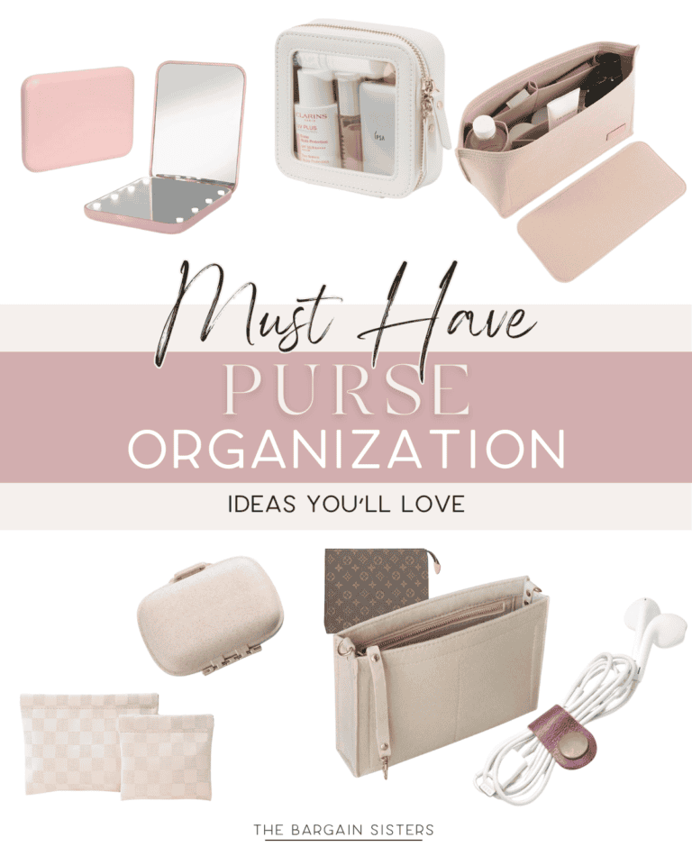 A promotional collage for purse organization features a pink mirror, a beige travel case with toiletries, and a tidy organizing insert. Includes small pouches, a cream zippered case, patterned pouch, and organized earbuds. Title reads "Must-Have Tidy Bag Organization Ideas You'll Love.