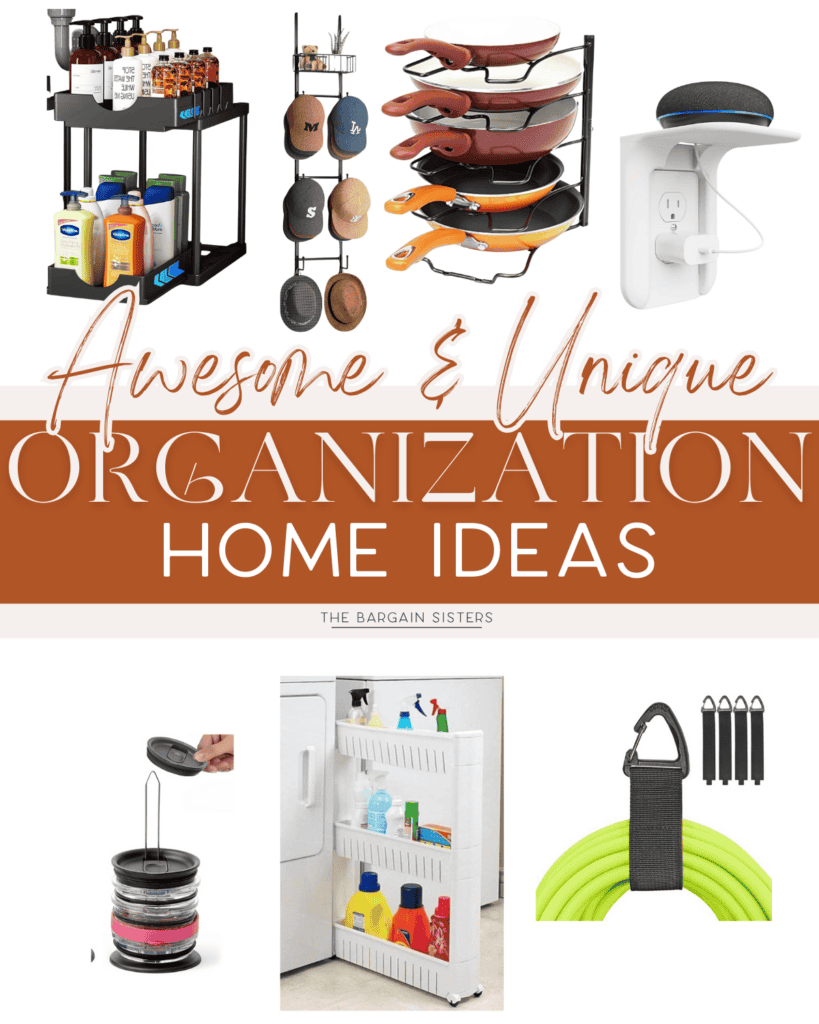 Collage of various home organization tools, including kitchen racks, a wall-mounted shelf, a door organizer, a hose holder, and a shelving unit with cleaning supplies. Text overlay reads "Awesome & Unique Organization Home Ideas.