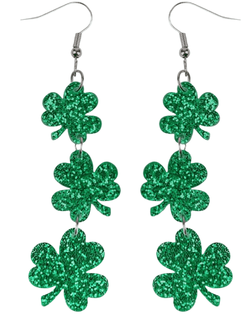 These dangling earrings showcase three green glittery shamrocks linked vertically, perfect as St. Patrick's Day accessories.