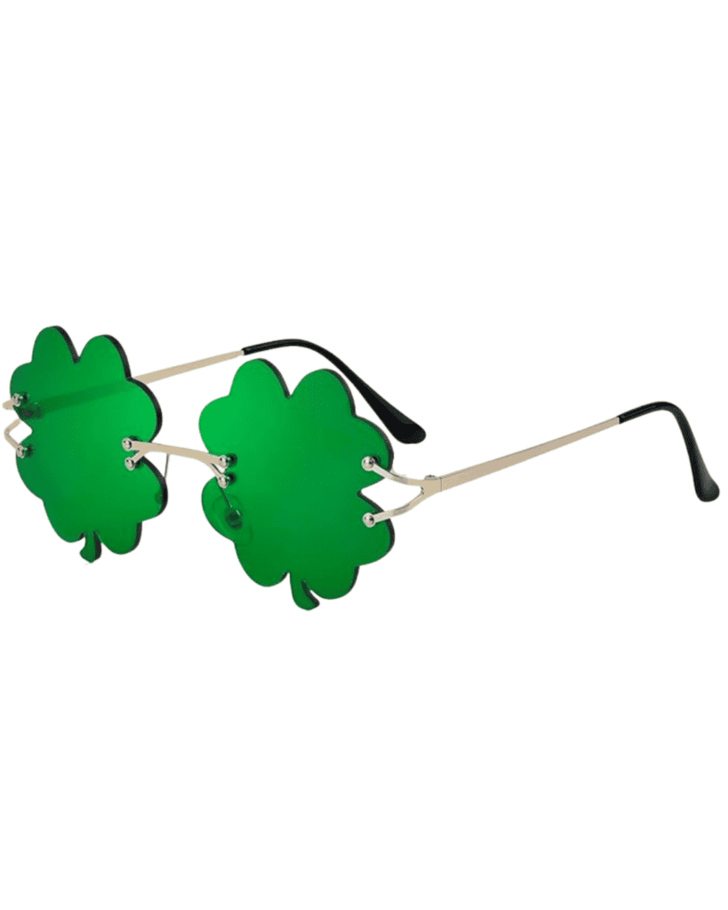 St. Patrick's Day accessories: Green shamrock-shaped sunglasses with gold frames and black temple tips, viewed from a side angle.