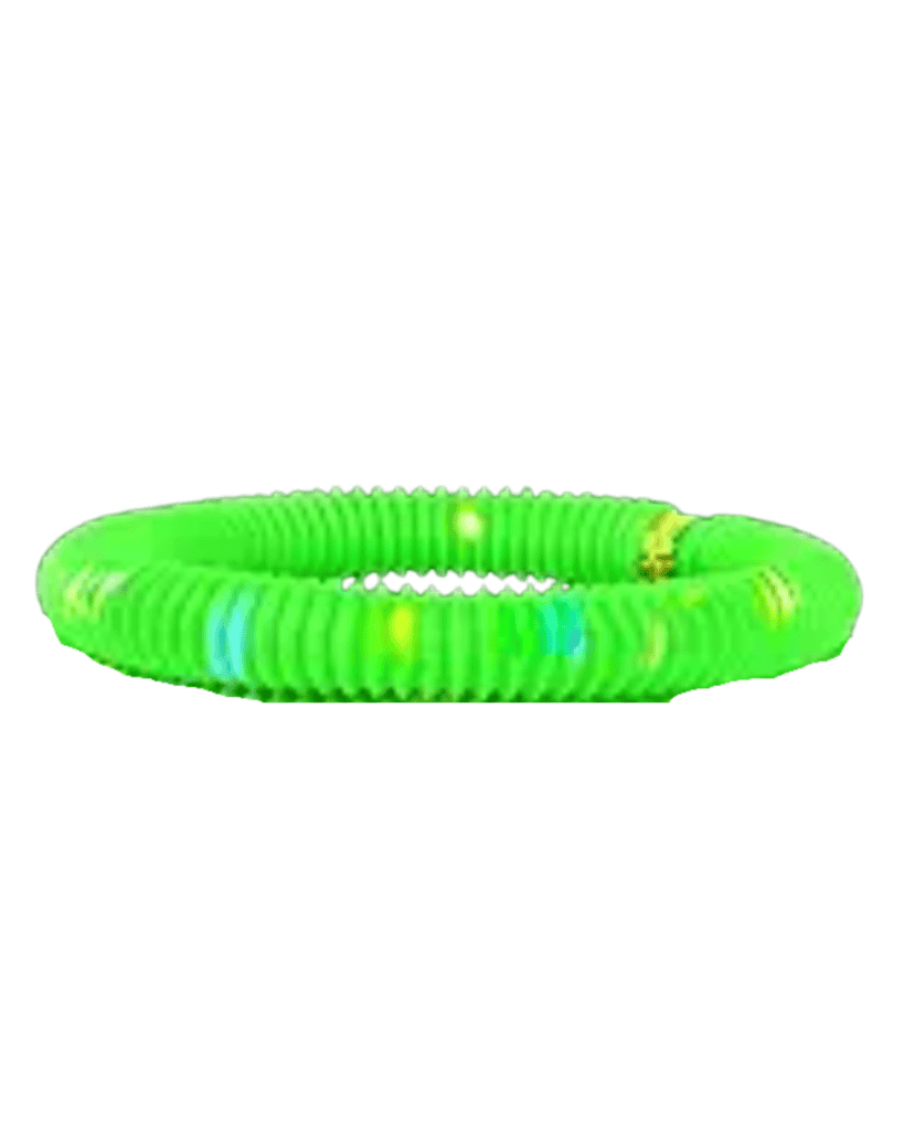 A bright green plastic coiled tube with a ribbed texture, reminiscent of festive St. Patrick's Day accessories, forms a circular shape against a plain white background.