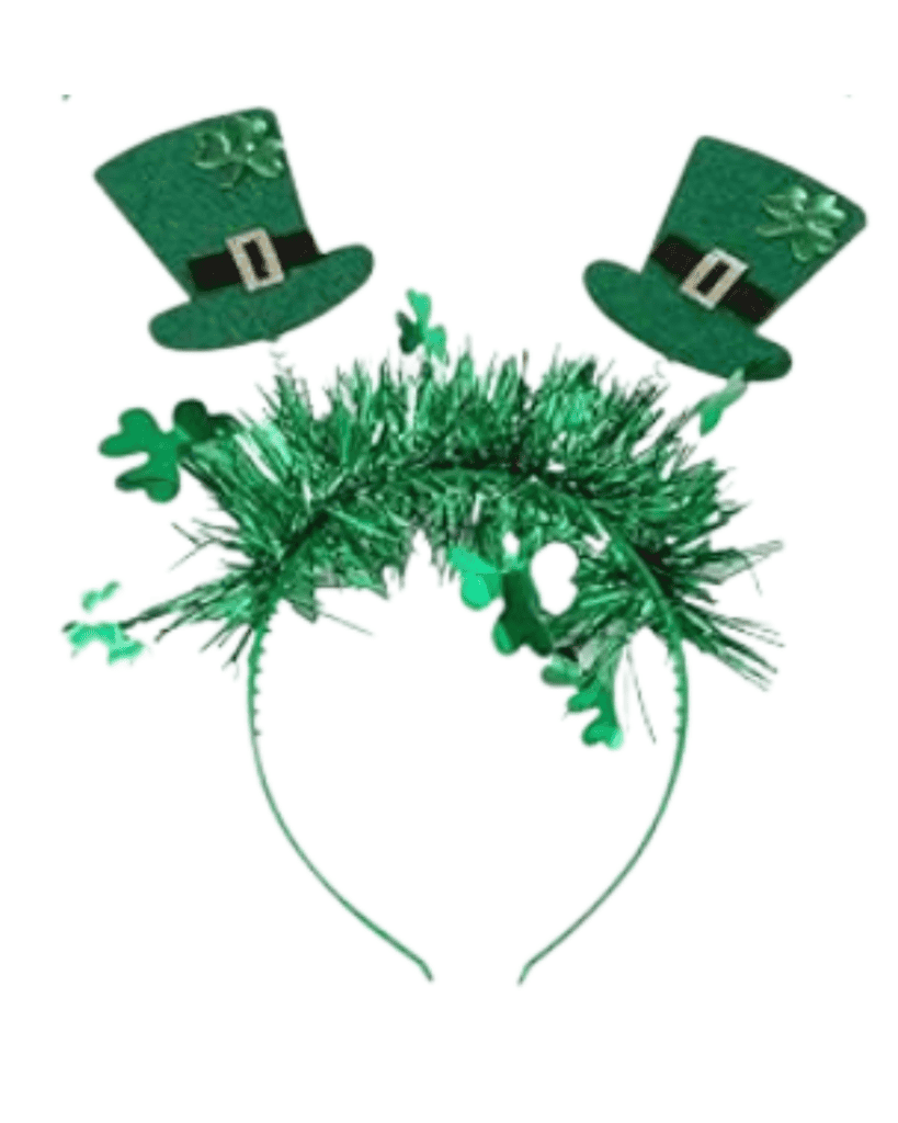 A green headband with shiny tinsel and shamrock decorations, featuring two miniature green top hats adorned with shamrocks on springs, perfect as St. Patrick’s Day accessories.