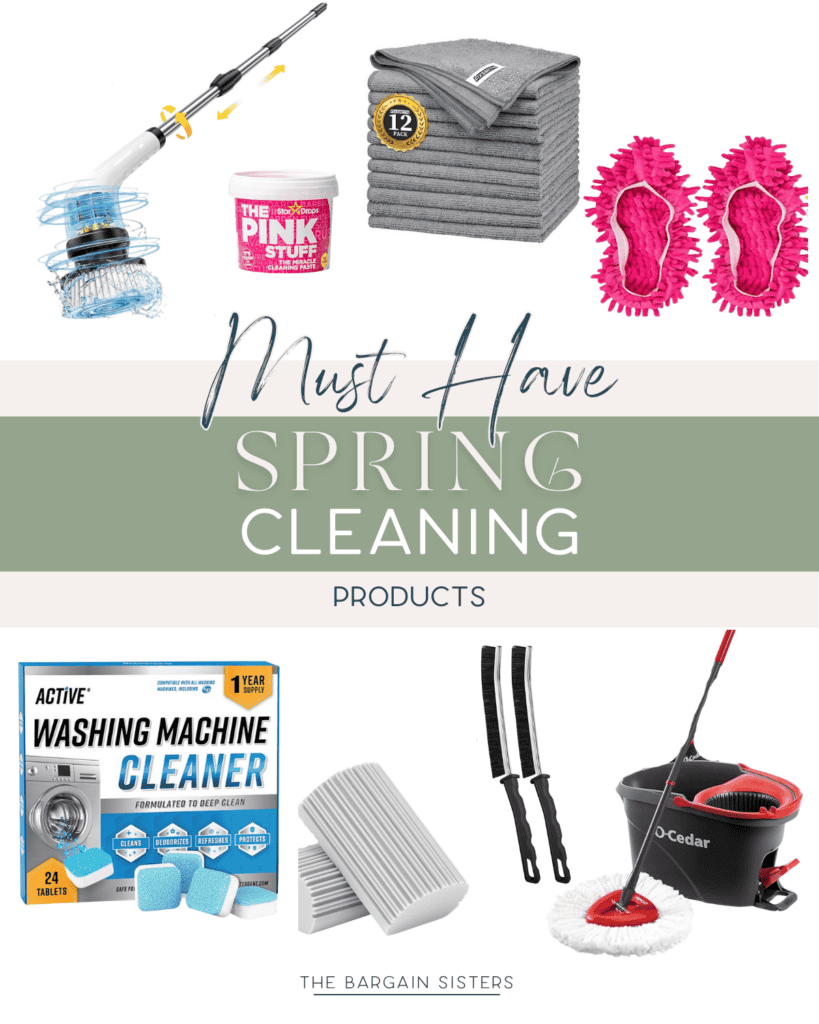 Collage of various cleaning products labeled "Must Have Spring Cleaning Products." Includes mop bucket, washing machine cleaner, mop slippers, gray cloths, scrubber, Pink Stuff paste, roller, and cleaning pads.