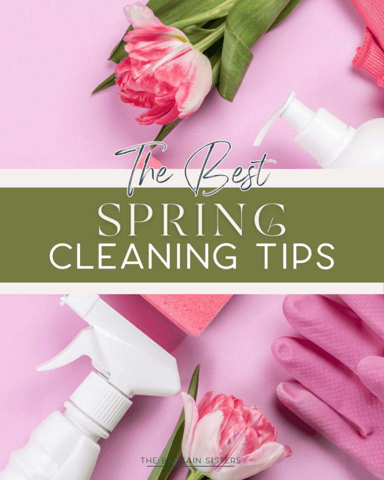 A flat lay of pink tulips, pink cleaning gloves, a spray bottle, and a sponge on a pink background. Text in the center reads, "Spring Cleaning Tips for the Best Results.